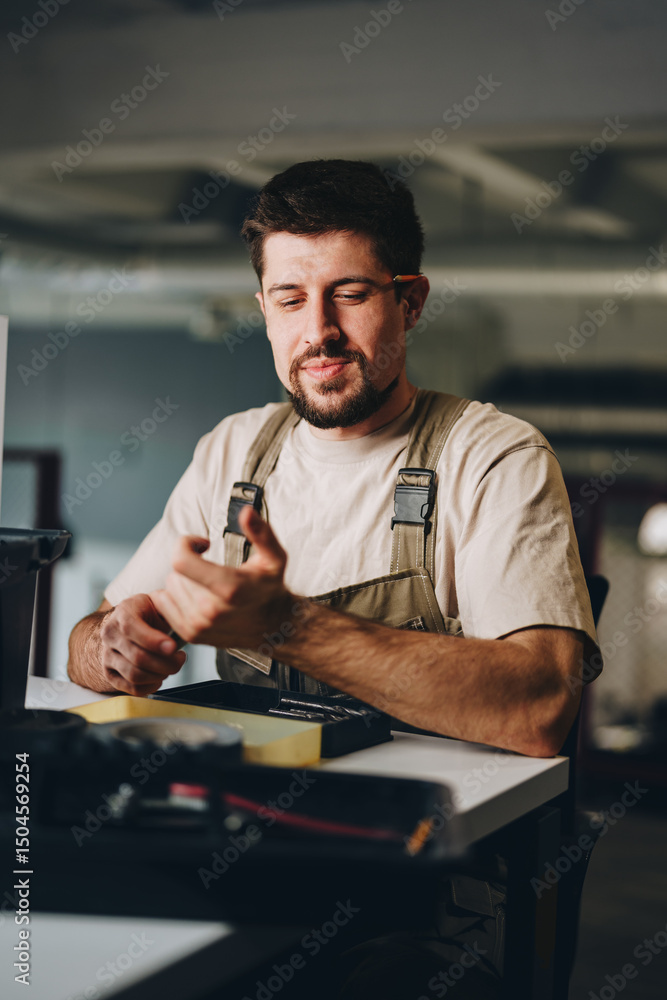 Poster skilled worker preparing to use tools in a modern workspace during daytime