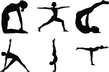 Yoga Silhouette Bundle, Yoga Pose woman doing fitness Vector Art and White Background. Meditation peaceful illustration.
