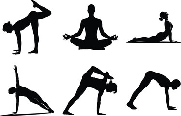 Yoga Silhouette Bundle, Yoga Pose woman doing fitness Vector Art and White Background. Meditation peaceful illustration.