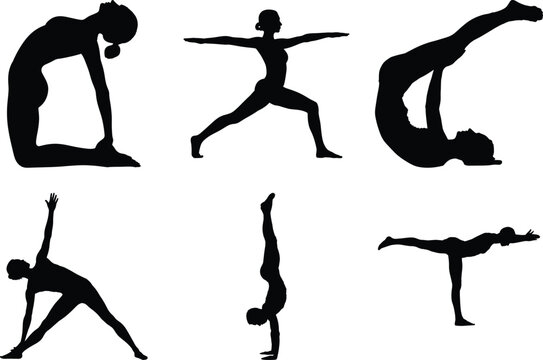 Yoga Silhouette Bundle, Yoga Pose woman doing fitness Vector Art and White Background. Meditation peaceful illustration.