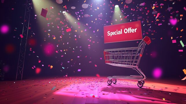 Shopping cart with special offer sign amidst confetti on stage