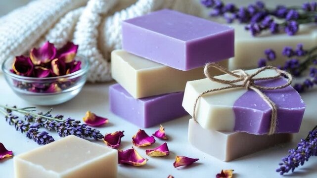 Lavender and Rose Petal Artisan Soap Display with Soft Color Palette and Natural Decor Elements, Featuring Stack of Soaps Tied with Twine and Petals Scatter on a Light Background
