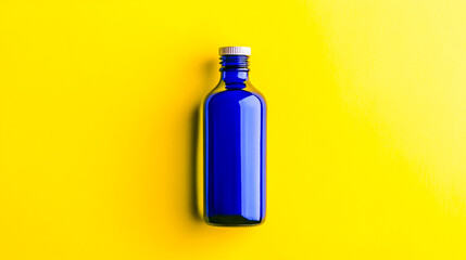 Bold blue bottle on yellow backdrop modern high-contrast product image