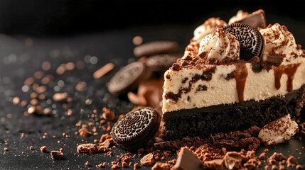 Oreo cheesecake slice with crumbled cookies on top, modern black background.