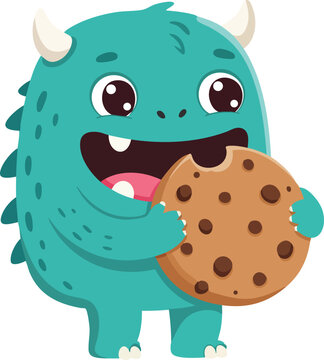 Cute blue cartoon monster holding a chocolate chip cookie happy and playful illustration vector 