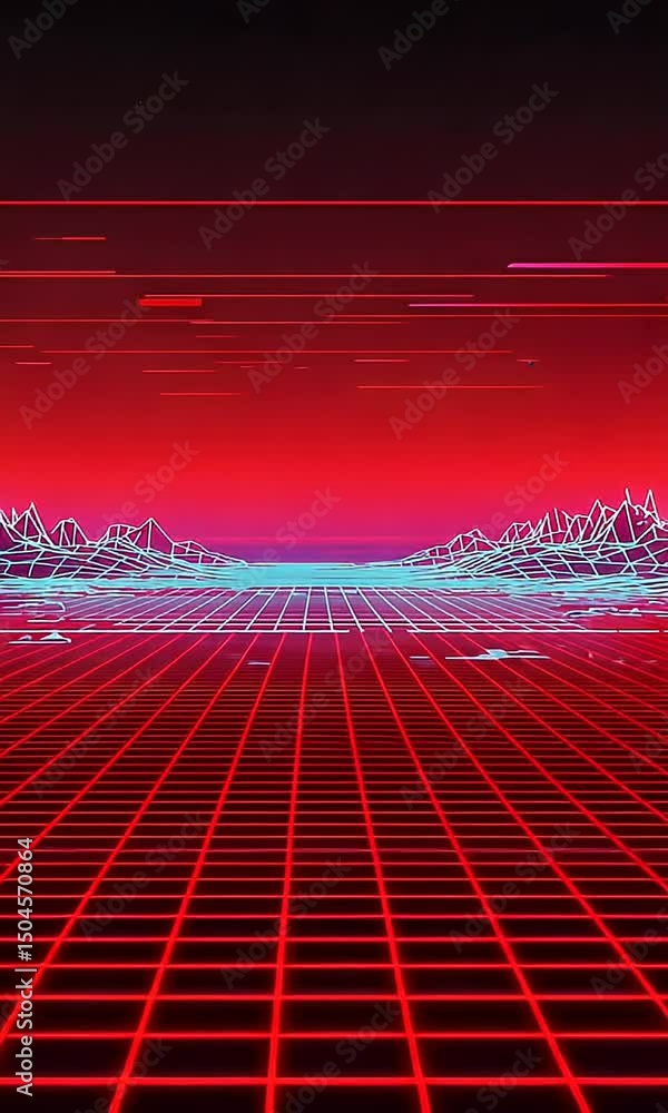 Poster red neon grid perspective view with glowing lines abstract design and digital landscape