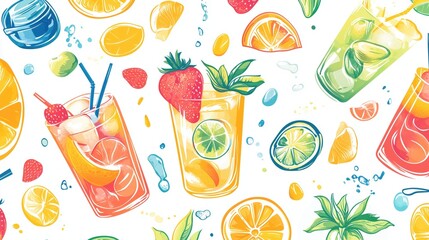 Vibrant summer beverages and fresh fruits pattern in bright colors
