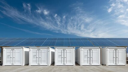 Solar panel array with battery storage containers under blue sky, representing renewable energy power generation and energy storage solution. - Powered by Adobe