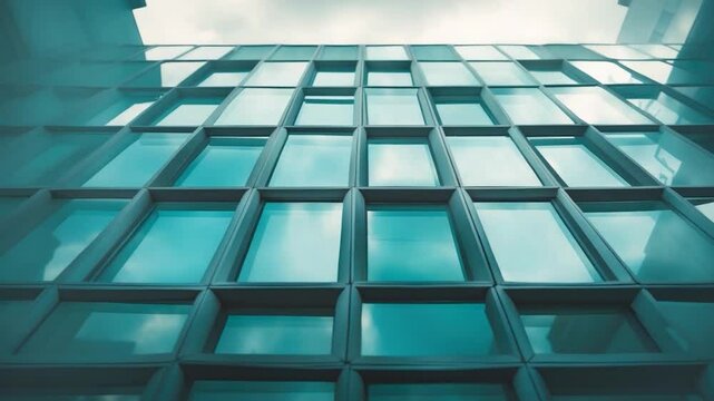 Modern architectural fa&Atilde;&sect;ade showcasing a series of grid-like glass windows reflecting a cloudy sky, creating a striking interplay of light and transparency.