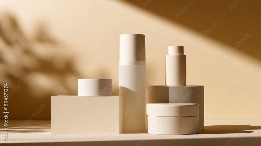 Poster minimalistic display of skincare products on a beige surface with soft shadows and natural light