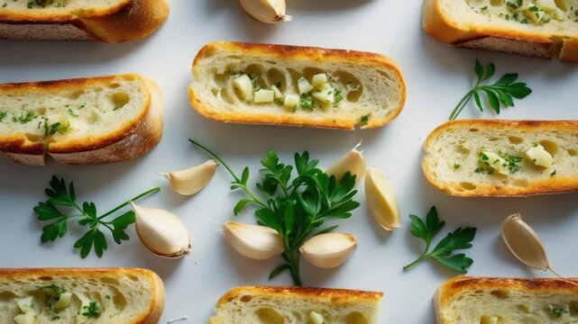 Golden-brown sliced bread laid out with garlic cloves and fresh parsley, displaying a delicious interior filled with garlic and herbs, perfect for culinary inspiration.