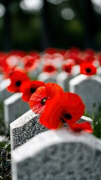 Close-up view of red poppies on a weathered military grave in solemn Memorial Day honor. Vertical.