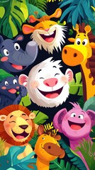 Fototapeta premium Colorful cartoon jungle animals smiling amidst lush greenery