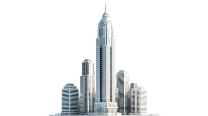 3D financial district skyscraper distinguished by a tall, elegant spire and classic proportions.  Isolated on transparent background.