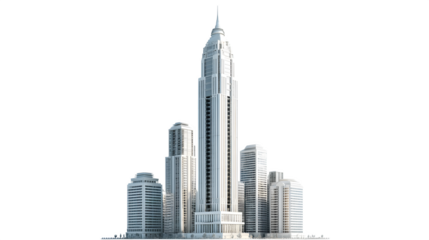 3D financial district skyscraper distinguished by a tall, elegant spire and classic proportions.  Isolated on transparent background.