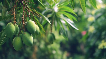 Close-up of green mangoes hanging from a tropical mango tree surrounded by lush green foliage in a vibrant outdoor garden setting.