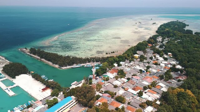 Aerial shot of Thousand Island, Indonesia Island of Pularu Pari