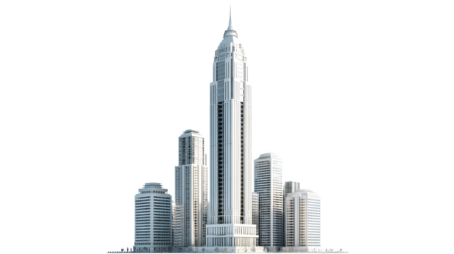 3D financial district skyscraper distinguished by a tall, elegant spire and classic proportions.  Isolated on transparent background.