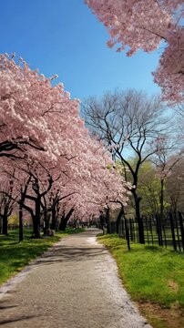 Cherry blossoms in full bloom herald the gentle arrival of spring with soft colors. Vertical.