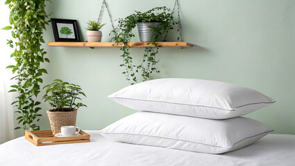 Two white pillows on a bed in a room with plants and a wooden shelf