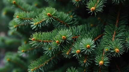 Lush green conifer branches forming natural pattern backdrop