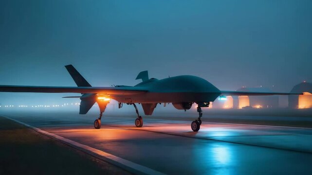 Military Drone Aircraft on Wet Runway Under Foggy Night Lighting with Blue Highlights