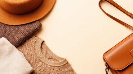 Stylish arrangement of autumn clothing and accessories on a soft beige background