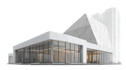3D minimalist corporate headquarters featuring a geometric glass facade and clean lines. Perfect for architectural portfolios and business presentations. Isolated on transparent background.