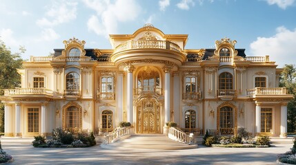 Fototapeta premium Opulent estate with golden accents, showcasing architectural grandeur and luxury design