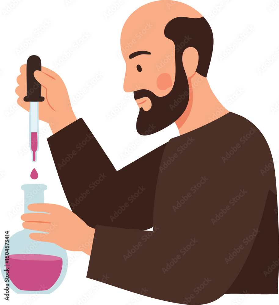 Poster scientist conducting chemical experiment with dropper and flask in laboratory vector illustration