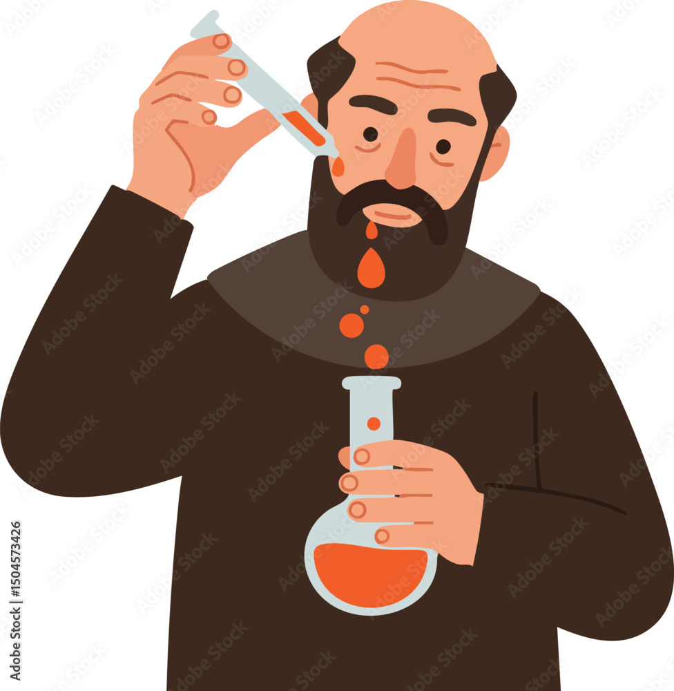 Poster scientist mixing chemicals in flask conducting laboratory experiment vector illustration