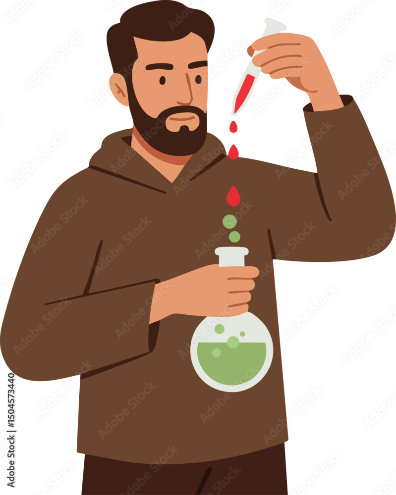 Poster man conducting scientific experiment with dropper and flask in laboratory environment vector illustr