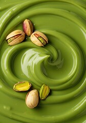 Close-up of vibrant green pistachio cream with two nuts. Dessert concept for culinary visuals, ads, or food product packaging.