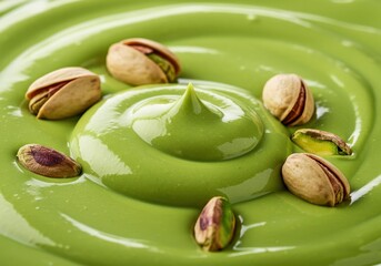Green pistachio cream swirl with scattered whole nuts on top. Perfect for sweets, branding, or dessert product promotion.