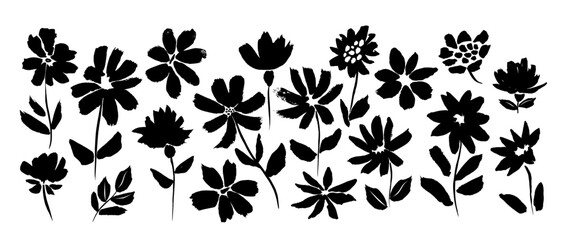 Set of stylized silhouettes of flowers сhrysanthemums, daisy of different shapes with foliage and stem in black, hand-drawn with brush strokes on white background. Cute vector decorative print. © Natalia