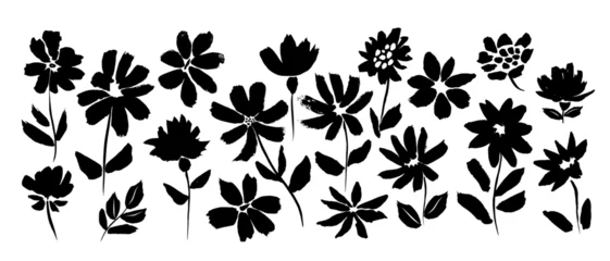 Schilderijen op glas Geschilderde Bloemen Set of stylized silhouettes of flowers сhrysanthemums, daisy of different shapes with foliage and stem in black, hand-drawn with brush strokes on white background. Cute vector decorative print.  © Natalia