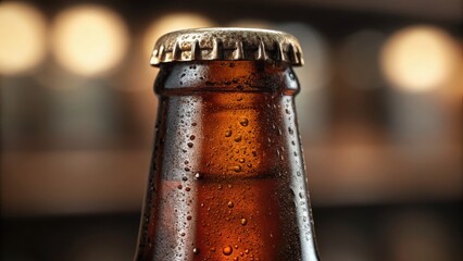 Craft Beer Excellence: Artisanal Brewing and Barrel Aging Traditions Concept, Close-up of a cold, condensation-covered beverage bottle with a blurred background.