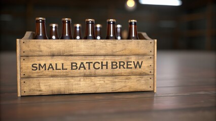 Craft Beer Excellence: Artisanal Brewing and Barrel Aging Traditions Concept, Wooden crate with bottles labeled "Small Batch Brew" on a wooden surface.