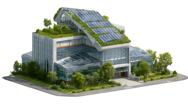3D sustainable corporate building integrating a green roof and visible solar panels. Perfect for eco-friendly business promotions and green architecture showcases. Isolated on transparent background.