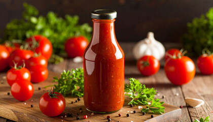 Glass bottle of ketchup or barbecue sauce.