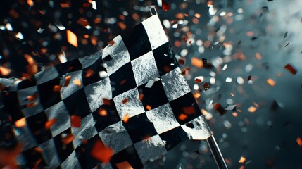 Checkered racing flag raised high in victory surrounded by colorful confetti flying through the air