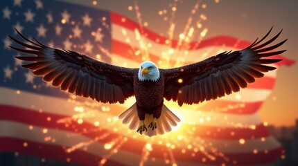 Patriotic eagle with flag and colorful fireworks display