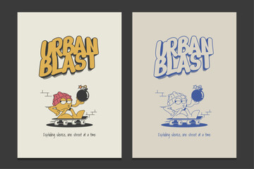 retro poster or graphic t-shirt design with a chill cartoon character holding a bomb, vector illustration