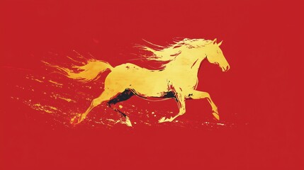 Golden horse galloping on vibrant red background artwork
