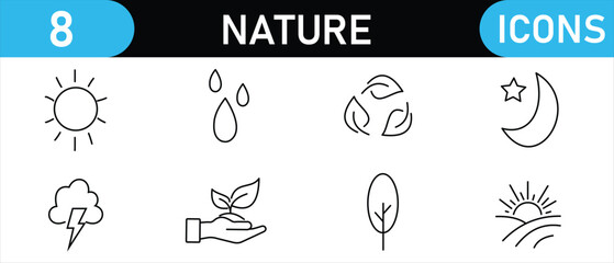 Environment and ecology icon set. Green symbol. Ecology and environment line icons set. Set of eco related line icons. Nature icon.