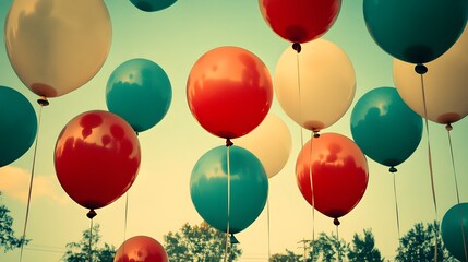 Vintage Colorful Balloons Floating in Sky Festive Party Celebration