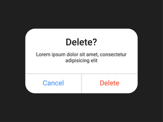 Delete notification pop up UI design with cancel and delete buttons on a dark background for mobile app and web alert interface in a minimal modern style