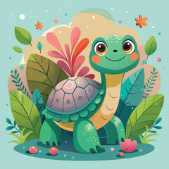 Fototapeta premium Adorable cartoon turtle in a lush garden with greenery and colorful flowers smiling