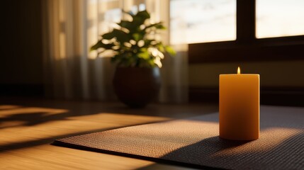 A serene indoor scene featuring a lit candle on a mat with a plant and sunlight streaming through windows