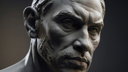 Close-up of a realistic clay male bust sculpture with sharp sculpting details and expressive texture, captured in moody lighting.